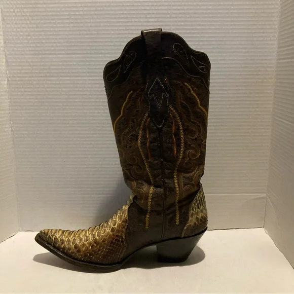 Women’s Brown Leather With Tan Python And Embroidery Pull On Cowboy Boots SZ 8.5 - Picture 4 of 11